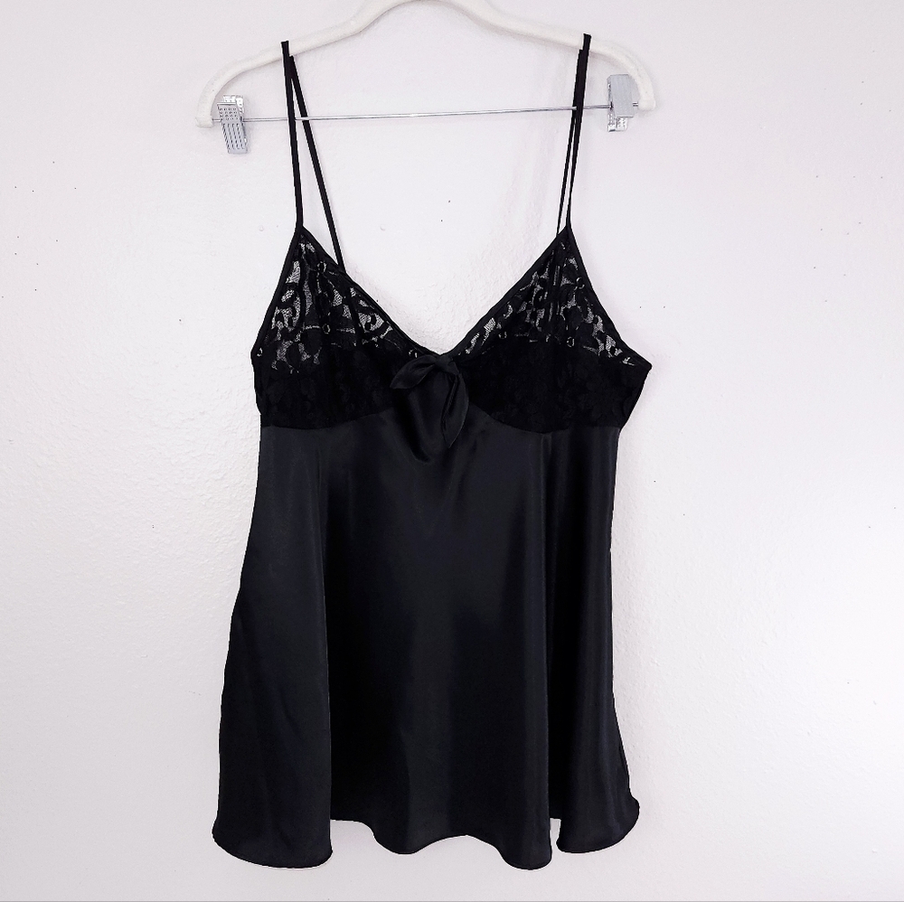 Vintage California Dynasty Chemise Black Satin Lace Slip Camisole Top LARGE